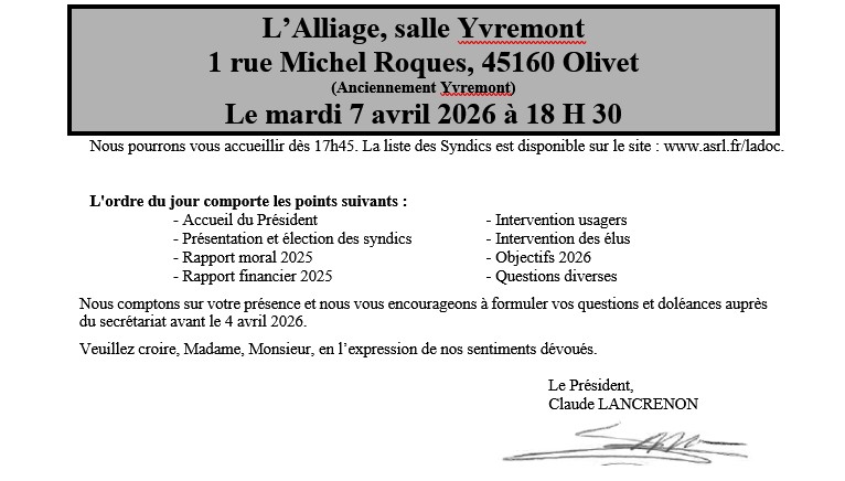 Convocation à l’assemblée générale du 7 avril 2026 à 18 h 30 — l’Alliage, salle Yvremont, 1 rue Michel Roques, Olivet.